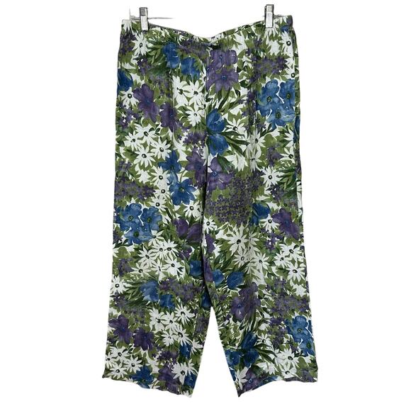 Hot Cotton Pants 100% Linen Wide Leg Pull On Womens Medium Floral Resort Cruise - Picture 1 of 9